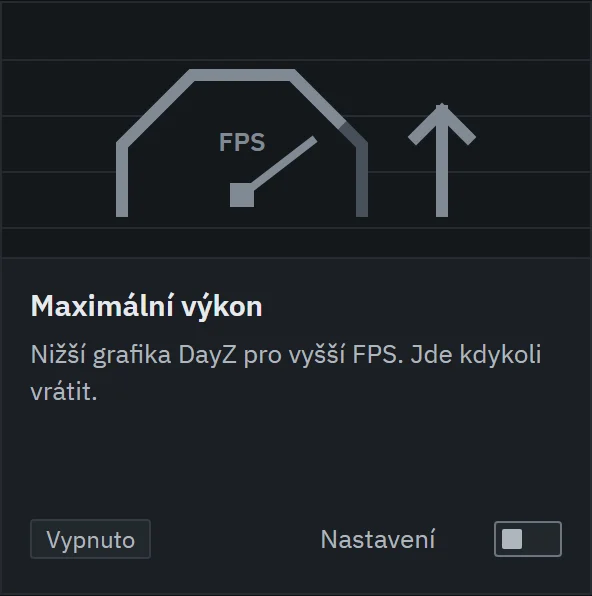 Doplněk Maximální výkon s předvolbami Maximum FPS a Vyvážené, volbou grafické karty na vysoký výkon a tlačítkem pro vrácení původního nastavení.