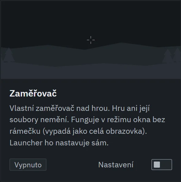 Doplněk Zaměřovač: náhled na tmavém a světlém pozadí, tvary Tečka, Kříž, S mezerou, T a Kroužek, výběr barvy a velikosti.
