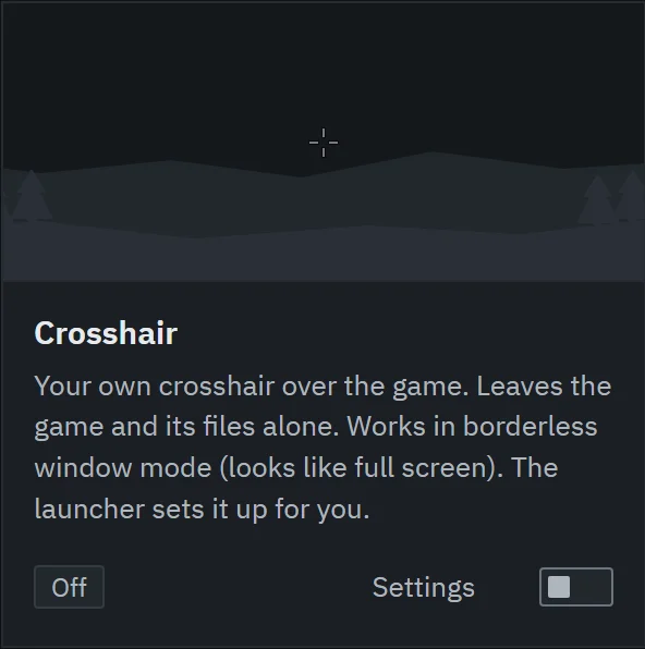Crosshair add-on: a preview on dark and light backgrounds, shapes Dot, Cross, Gap, T and Ring, color choices and size settings.
