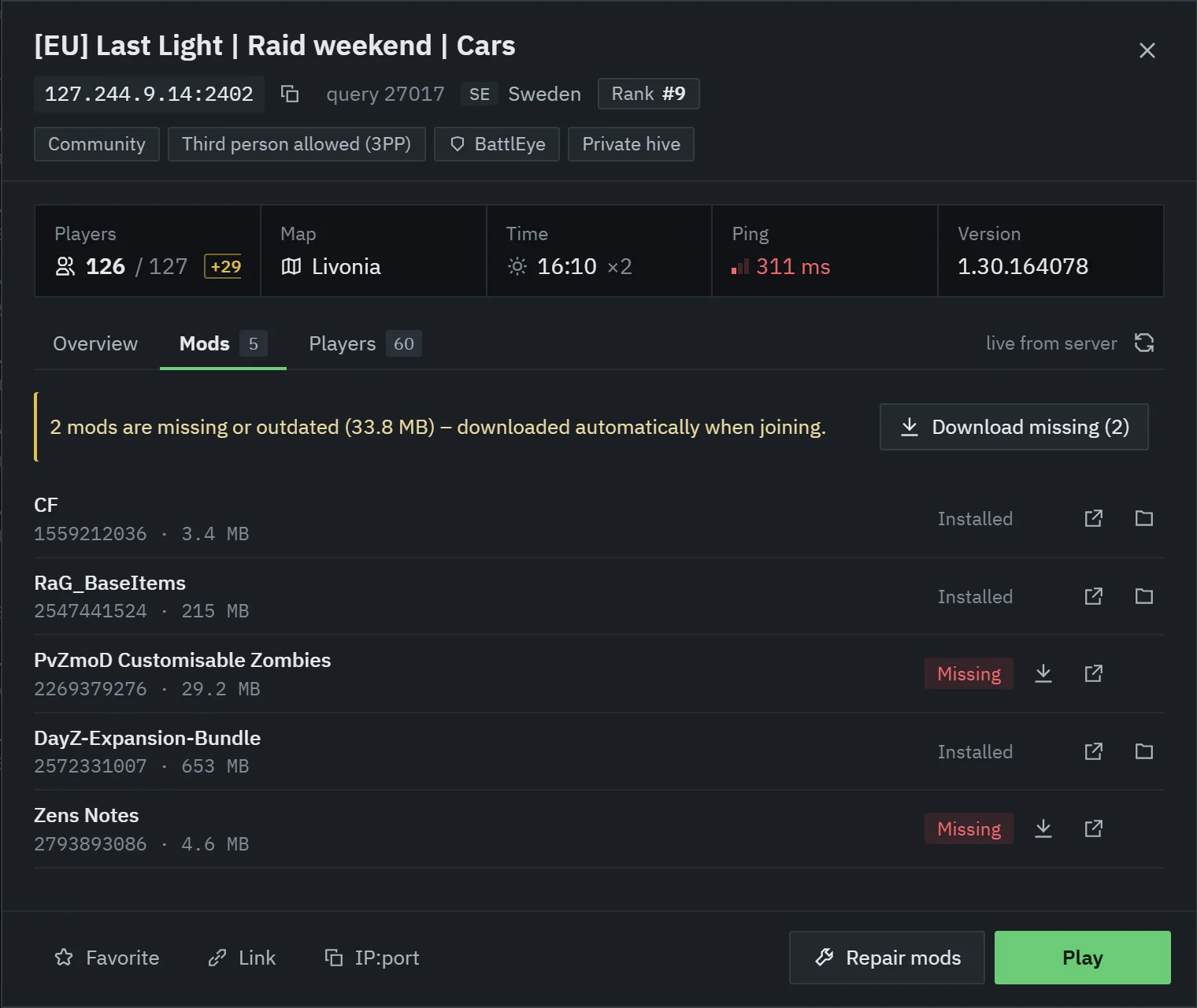 Server info on the Mods tab: address, country, rank, players, map, time, ping and version, then each mod with its Workshop ID, size and state (Installed, Outdated, Missing), and the buttons Repair mods and Play.