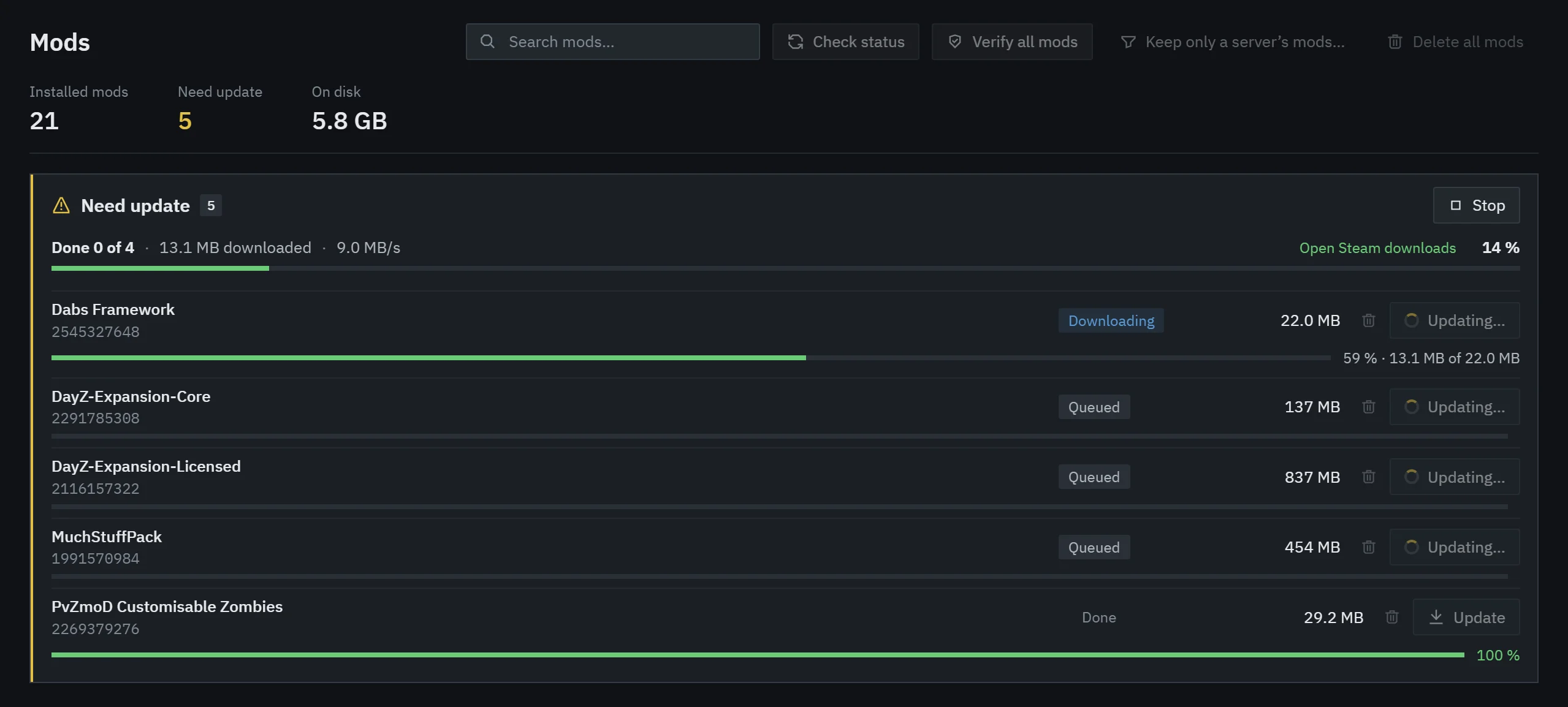 Mods page: number of installed mods, how many need an update and space on disk. The outdated mods are updating with progress for each.