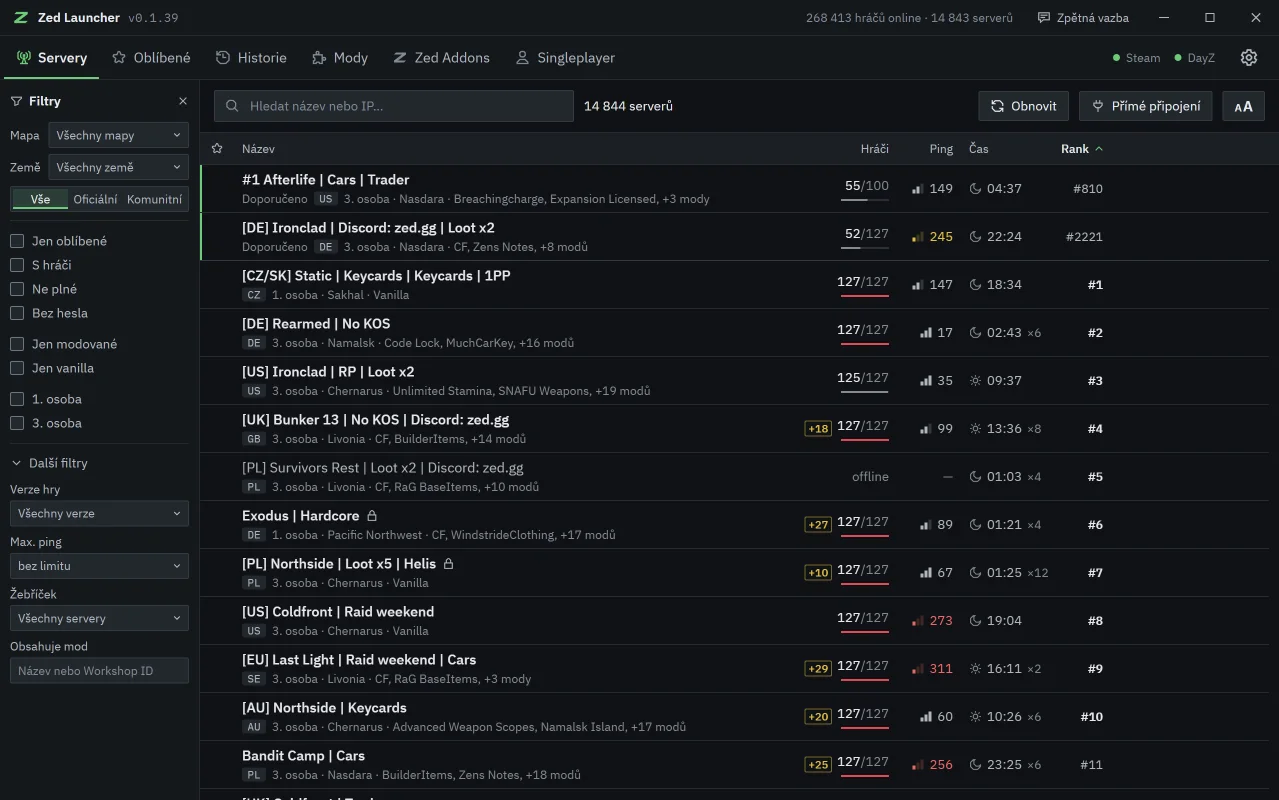 Zed Launcher na záložce Servery: přes 13 000 serverů seřazených podle žebříčku, nahoře dva doporučené servery, vlevo filtry podle mapy, země, verze hry, pingu, žebříčku a modů.